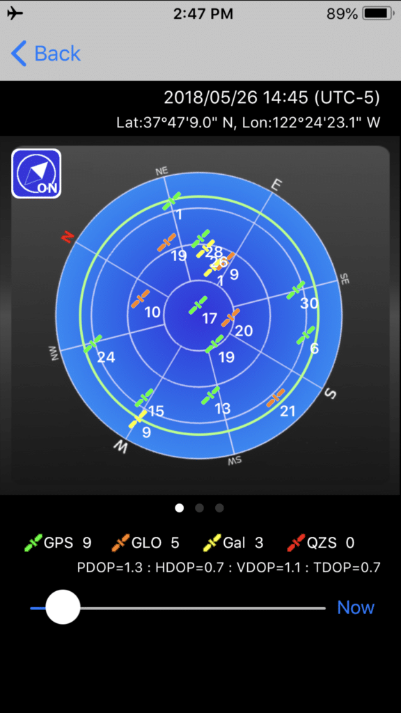 Satellites Tracked Using iPhone 8 Plus in Airplane Mode. Tracking multiple satellites from GPS, GLONASS, and Galileo