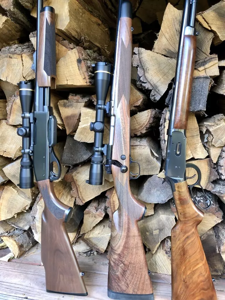 Popular Deer Rifles. A Remington 7600 in 30-06, a Winchester Model 70 Super Grade in 30-06 and a Winchester Model 64 in .30-30