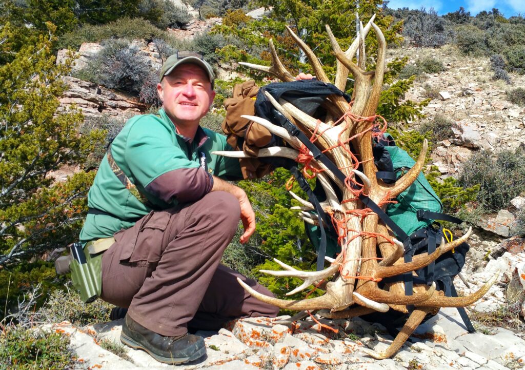 Mark Kayser enjoying another passion, spring shed antler hunting in the backcountry during a 2019 outing, copyright Mark Kayser